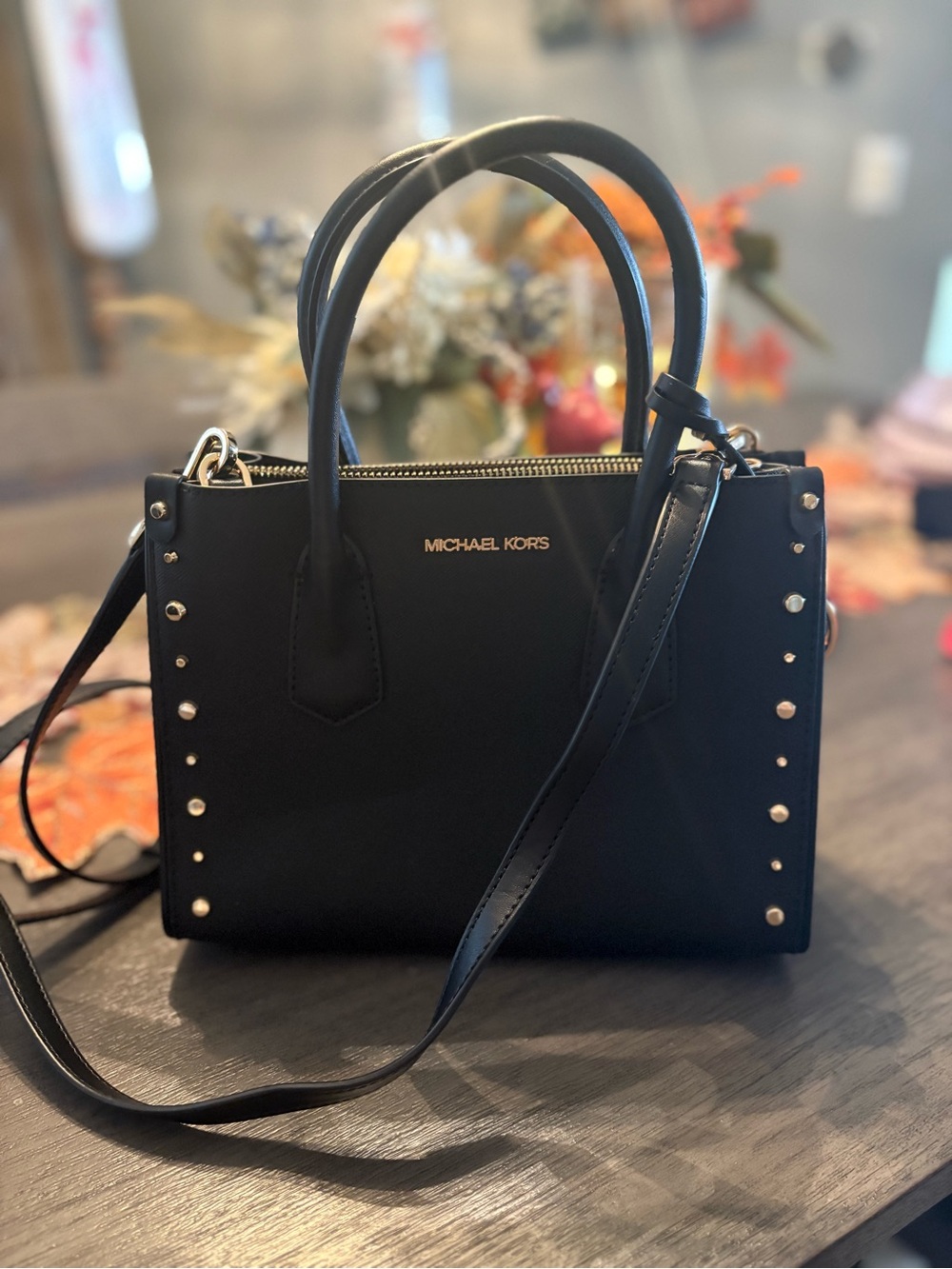 Michael Kors Black Leather Studded Satchel with Removable Strap